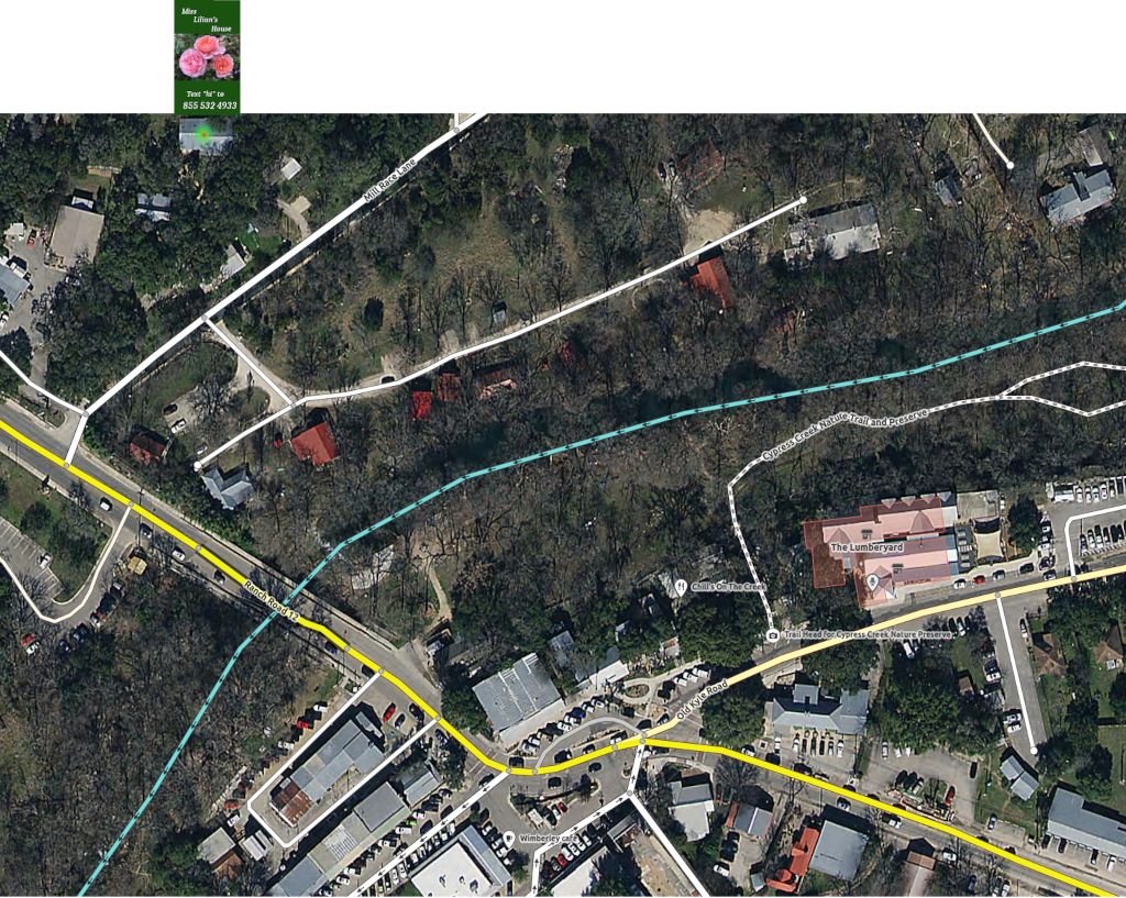Miss Lilian's House Satellite view of proximity to the Square in Wimberley Texas